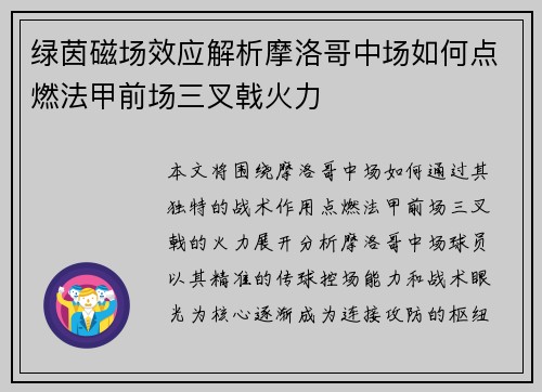绿茵磁场效应解析摩洛哥中场如何点燃法甲前场三叉戟火力