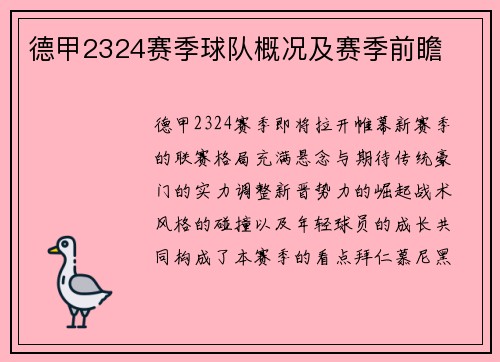 德甲2324赛季球队概况及赛季前瞻