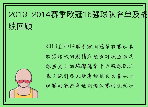 2013-2014赛季欧冠16强球队名单及战绩回顾