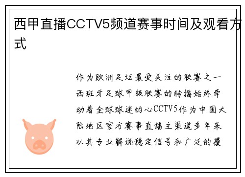 西甲直播CCTV5频道赛事时间及观看方式